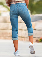Women's High Waist Retro Denim Capri Pants Stretchy Button-Front Straight Leg Glossy Fabric Spring Summer Casual Vintage Blue S-XXL