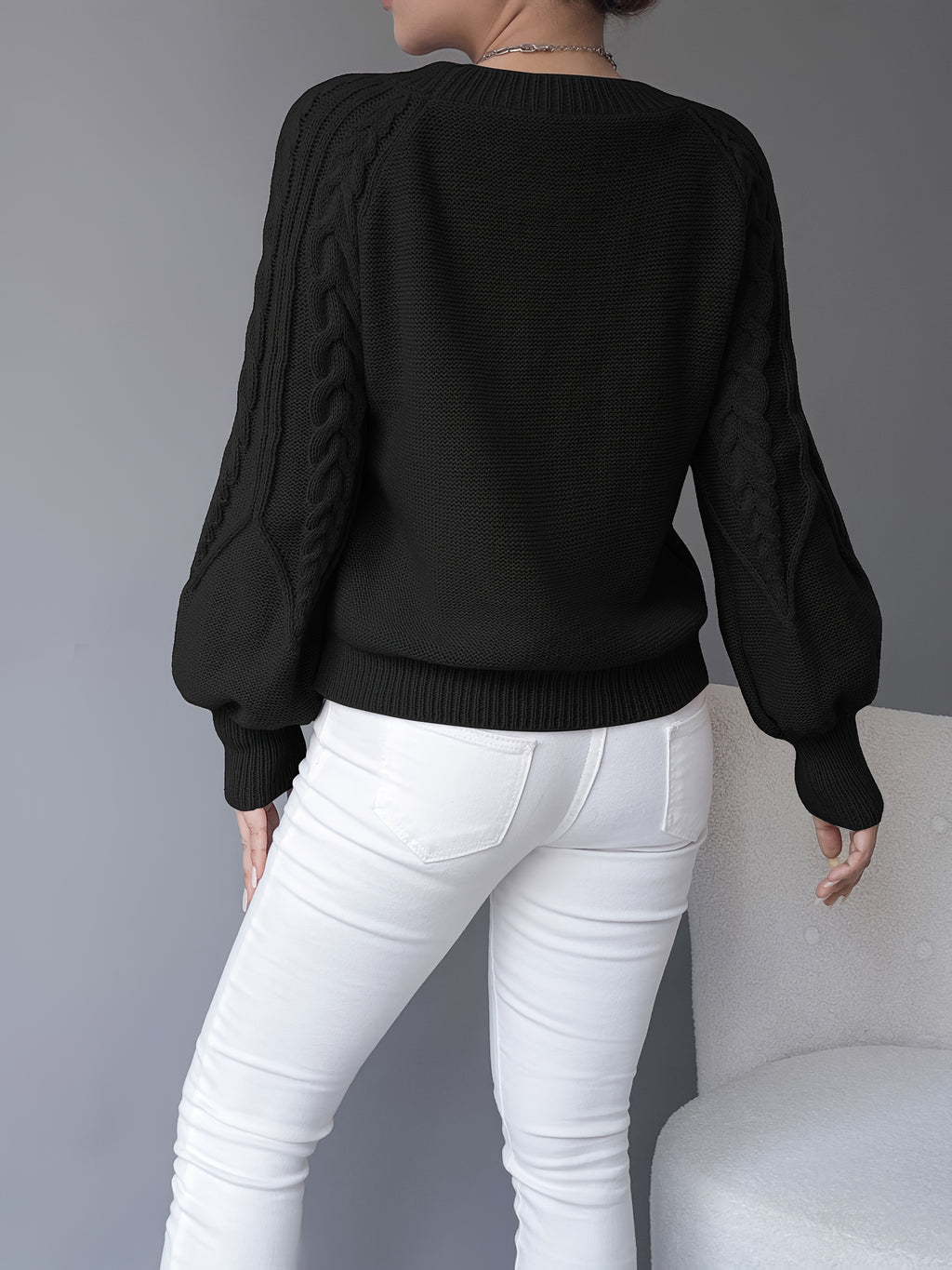 Women's Chunky Lantern Sleeve Sweater Crew Neck Textured Knit Pullover Cozy Fall Winter Sweater Khaki Apricot Black S-XXL