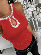 Women's Sleeveless Rhinestone Blouse High Elasticity Round Neck Pearl Casual Elegant Stretchable Top Solid Color Machine Washable S M L XL XXL Multiple Colors