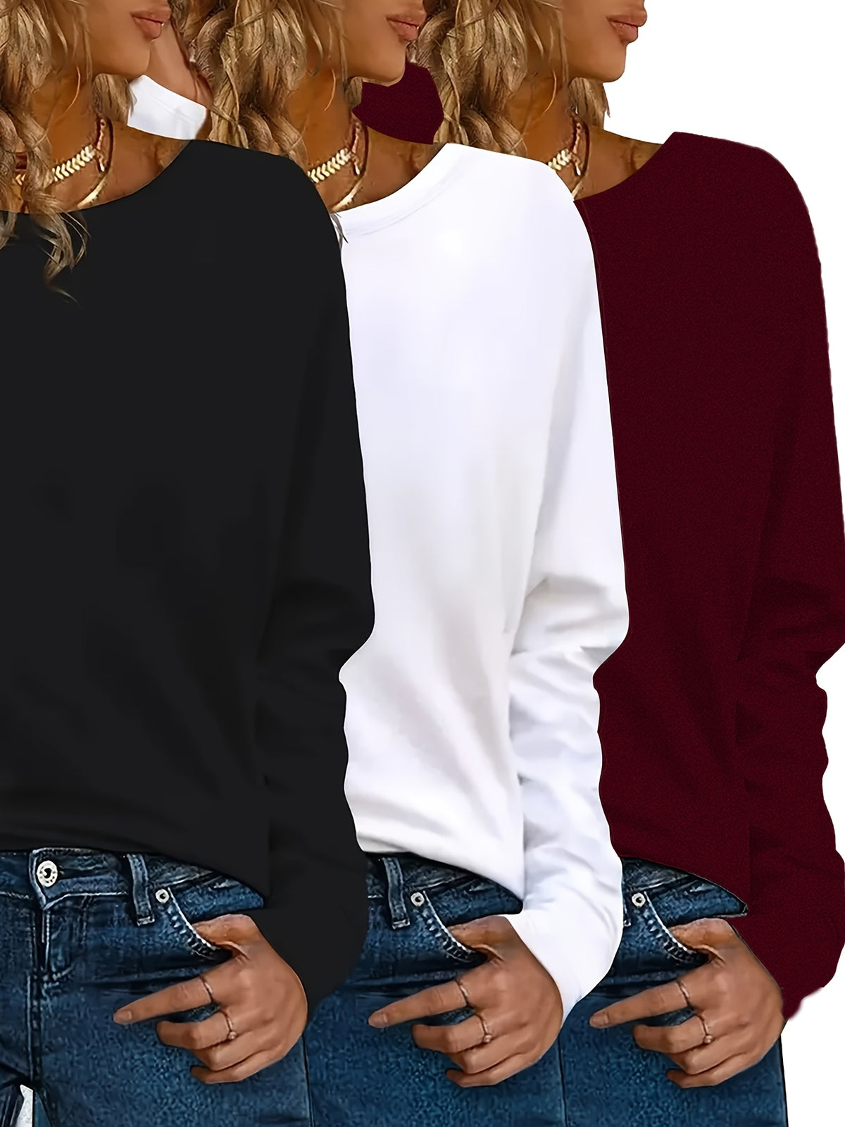 Y2K 3 Piece Long Sleeve T-Shirt Set for Women Solid Color Casual Warm Tops Regular Fit All Seasons Streetwear Layering Outfit S M L XL XXL