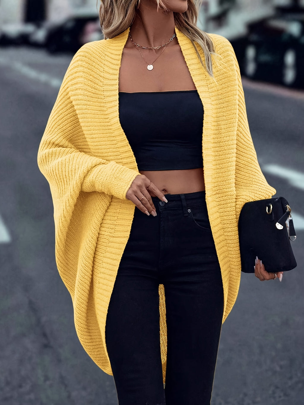 Women's Oversized Open Front Knit Cardigan Coat Long Sleeve Batwing Solid Color Sweater Jacket Fall Winter Casual Elegant Outerwear S-XXL
