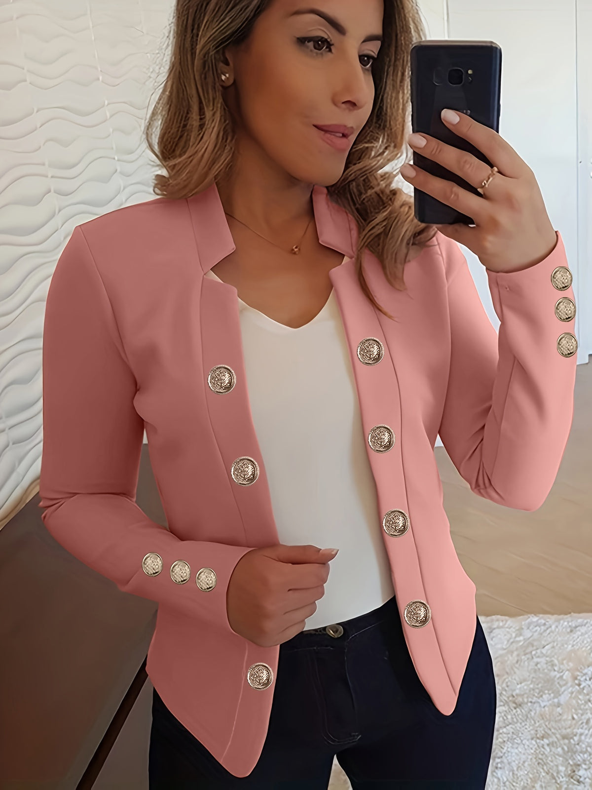 Women's Double-Breasted Cardigan Jacket – Cuffed Long Sleeve Solid Color Blazer-Style Coat for Spring, Fall & All-Season Wear
