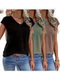 Women's 3-Pack Solid Color V-Neck T-Shirts – Soft Stretch Knit Spring & Summer Casual Tops Set, 75% Polyester 20% Viscose 5% Elastane Multi-Color Bundle