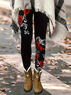 Women's Rose Print Bodycon Leggings Black Romantic Floral Sexy Curve-Hugging Stretch Pants All Season Machine Washable S M L XL XXL