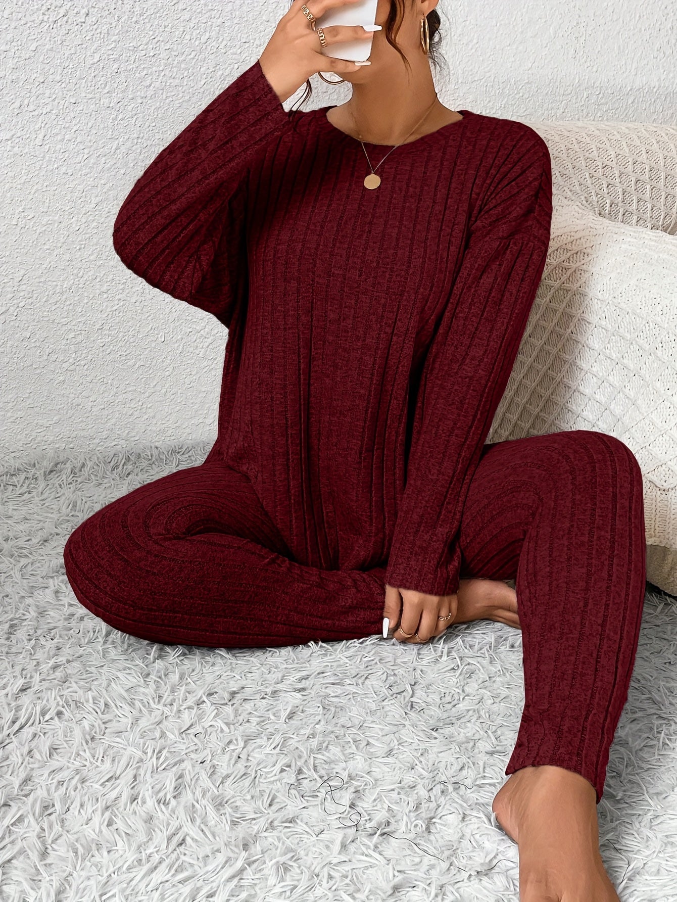 Women's Ribbed Two-Piece Set – Casual Soft 100% Polyester Crew Neck Long Sleeve Top & Pants Micro-Stretch Commuter Fashion Spring Fall Outfit