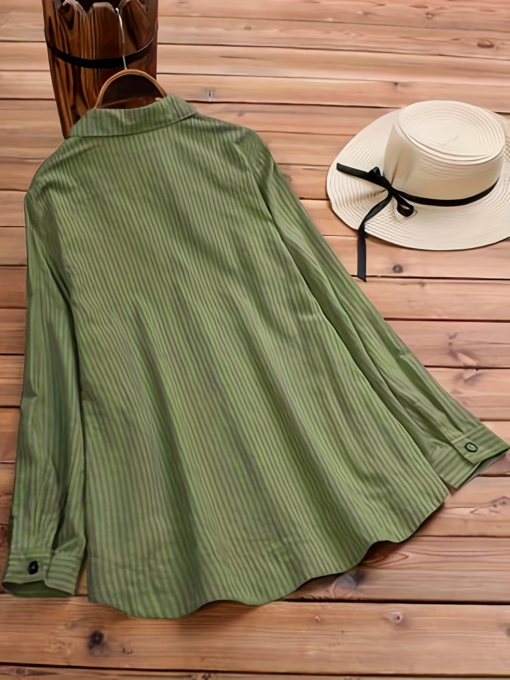 Women's Long Sleeve Striped Button-Up Shirt Lapel Collar Faux Pocket Casual Loose Blouse Top Yellow Olive Green Spring Fall S M L XL XXL