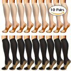 Copper Compression Socks 10 Pairs for Women & Men – Knee High Circulation Support Socks for Running Cycling Climbing Athletic Daily Wear S M L XL XXL Black Skin