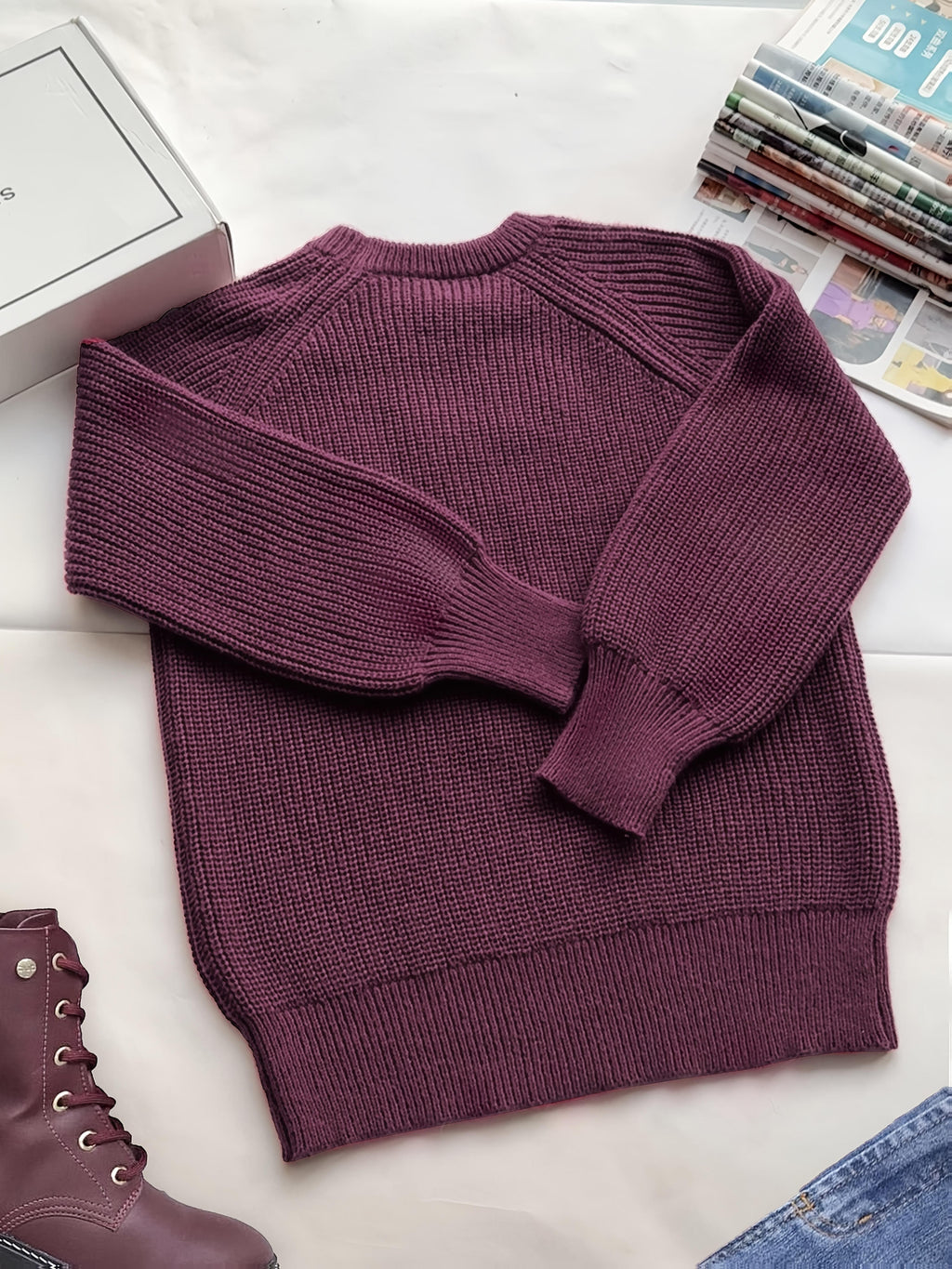 Women's Oversized Pullover Sweater – Soft Round Neck Long Sleeve Loose Fit Knit Sweater, Cozy Solid Color Fall Winter Top, Casual Commute Blouse, Sizes S-XL, Burgundy Black Navy Coffee