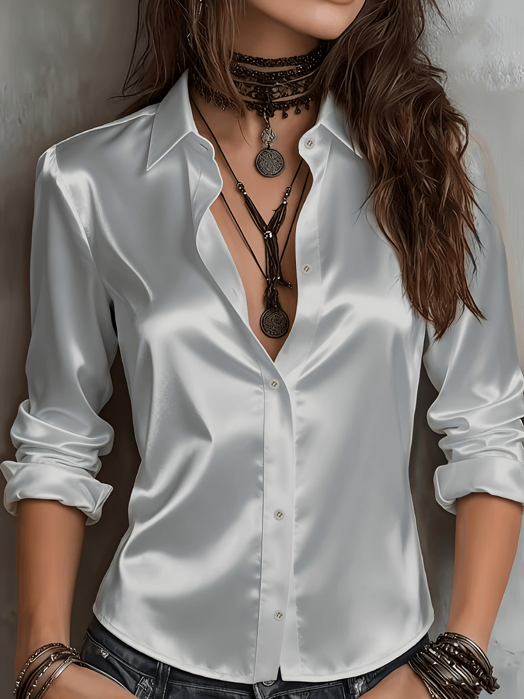 Women's Satin Shirt Elegant Commuter Blouse All Season Temperament Button-Down Top Silky Smooth Office Work Casual Wear S M L XL XXL
