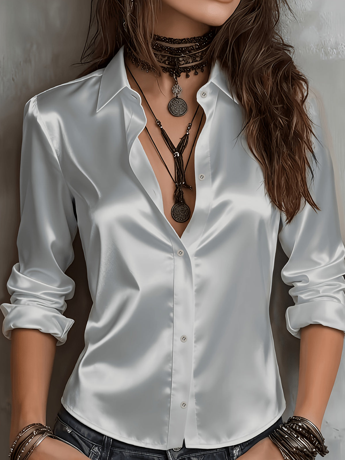 Women's Satin Shirt Elegant Commuter Blouse All Season Temperament Button-Down Top Silky Smooth Office Work Casual Wear S M L XL XXL