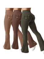 Women's 3-Piece High Waist Flare Yoga Pants Set with Belt and Pockets, Scrunch Butt Lifting Squat Proof 90% Polyester Stretchy Flared Leggings for Workout Gym Running Casual Wear