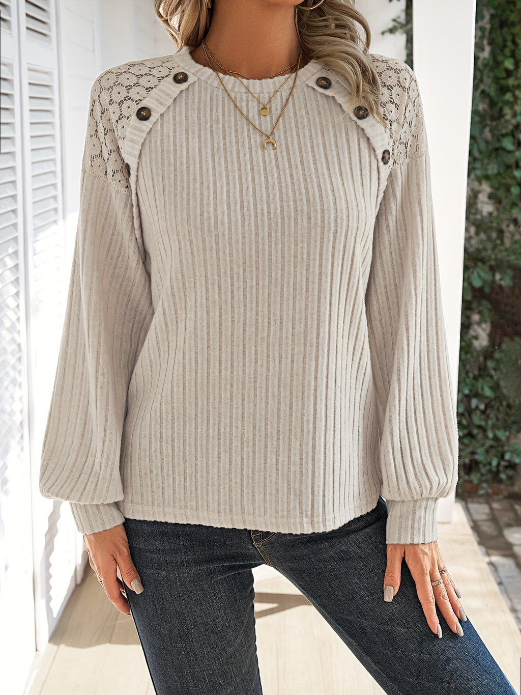 Women's Contrast Lace Raglan Sleeve Top Button Detail Casual Shirt Soft Stretch Polyester Blouse S M L XL XXL | Apricot Spring Fall Fashion