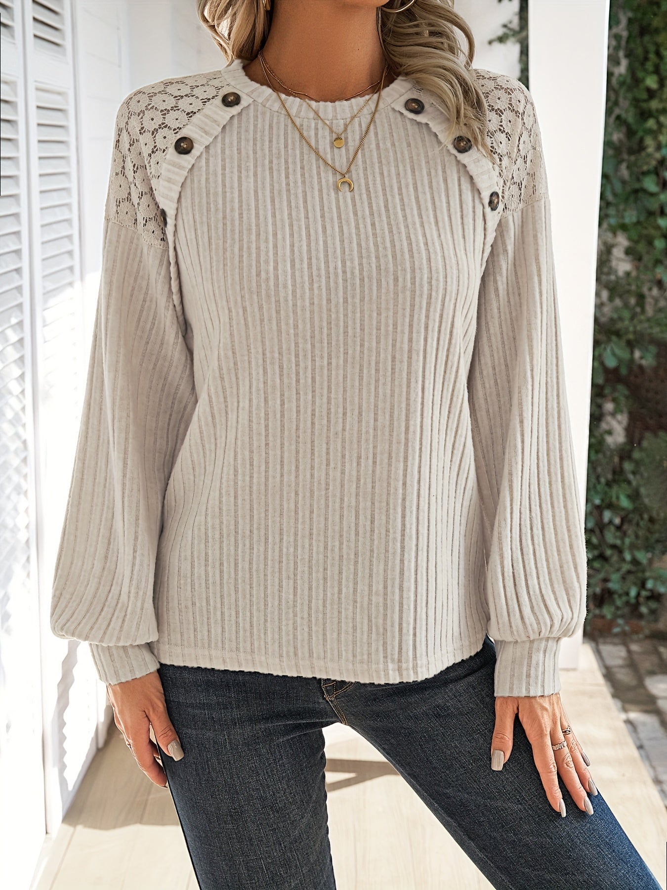 Women's Contrast Lace Raglan Sleeve Top Button Detail Casual Shirt Soft Stretch Polyester Blouse S M L XL XXL | Apricot Spring Fall Fashion