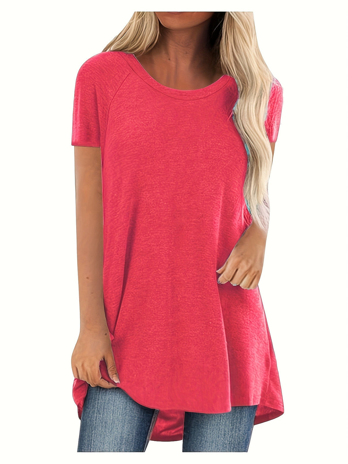 Women's Longline Raglan Short Sleeve T-Shirt – Solid Color Loose Fit Dipped Hem Knit Top in 15 Colors, 35% Viscose 60% Polyester 5% Elastane