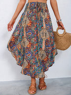 Women's High-Waisted Pleated Skirt – Stylish Printed Curved Hem Casual Midi Skirt for Summer, Spring & Everyday Wear