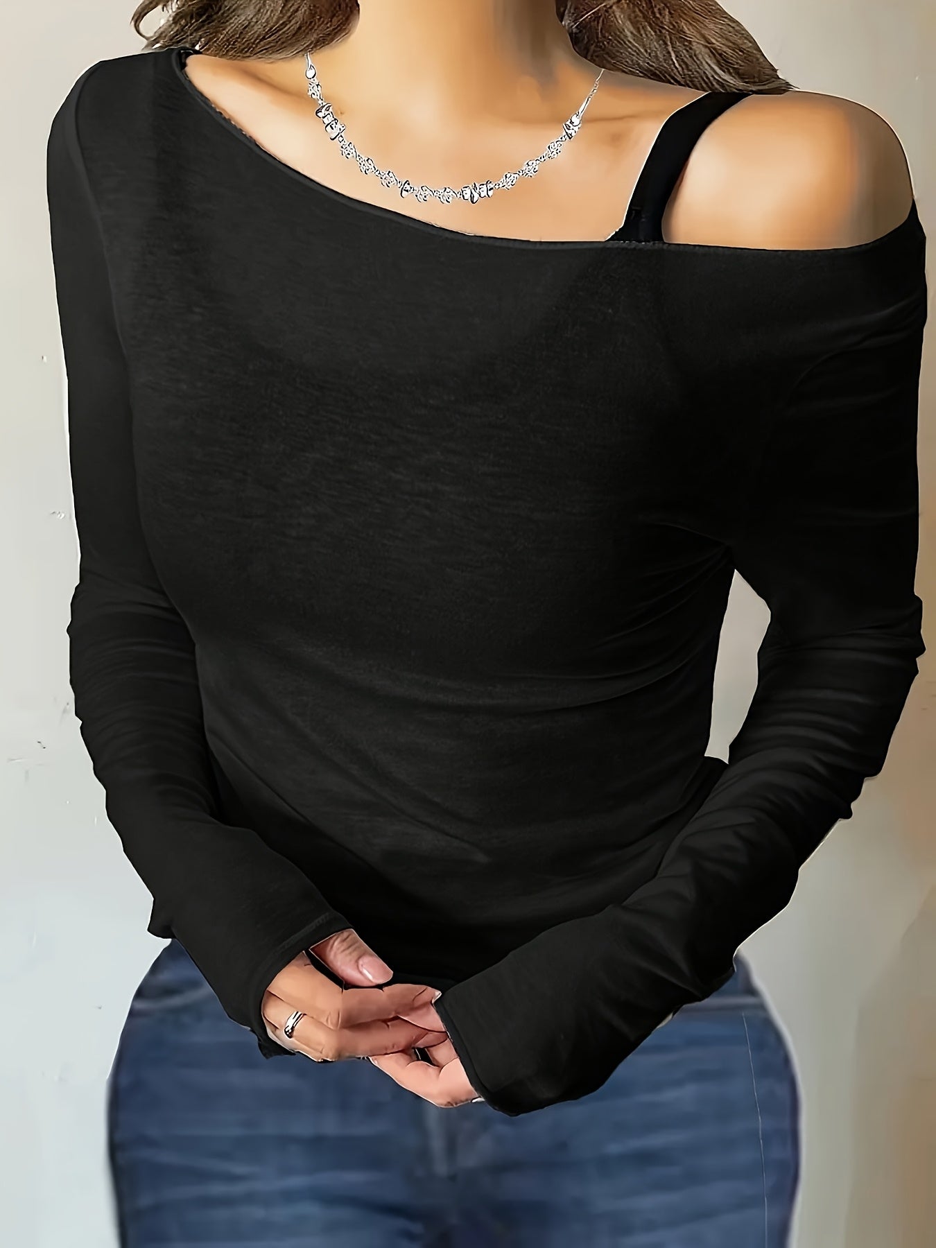 Women's Off Shoulder Sheer Top Long Sleeve Slim Fit - Asymmetric Neckline Semi-Transparent Stretch T-Shirt, Elegant Layering Top Spring Summer Going Out Shirt
