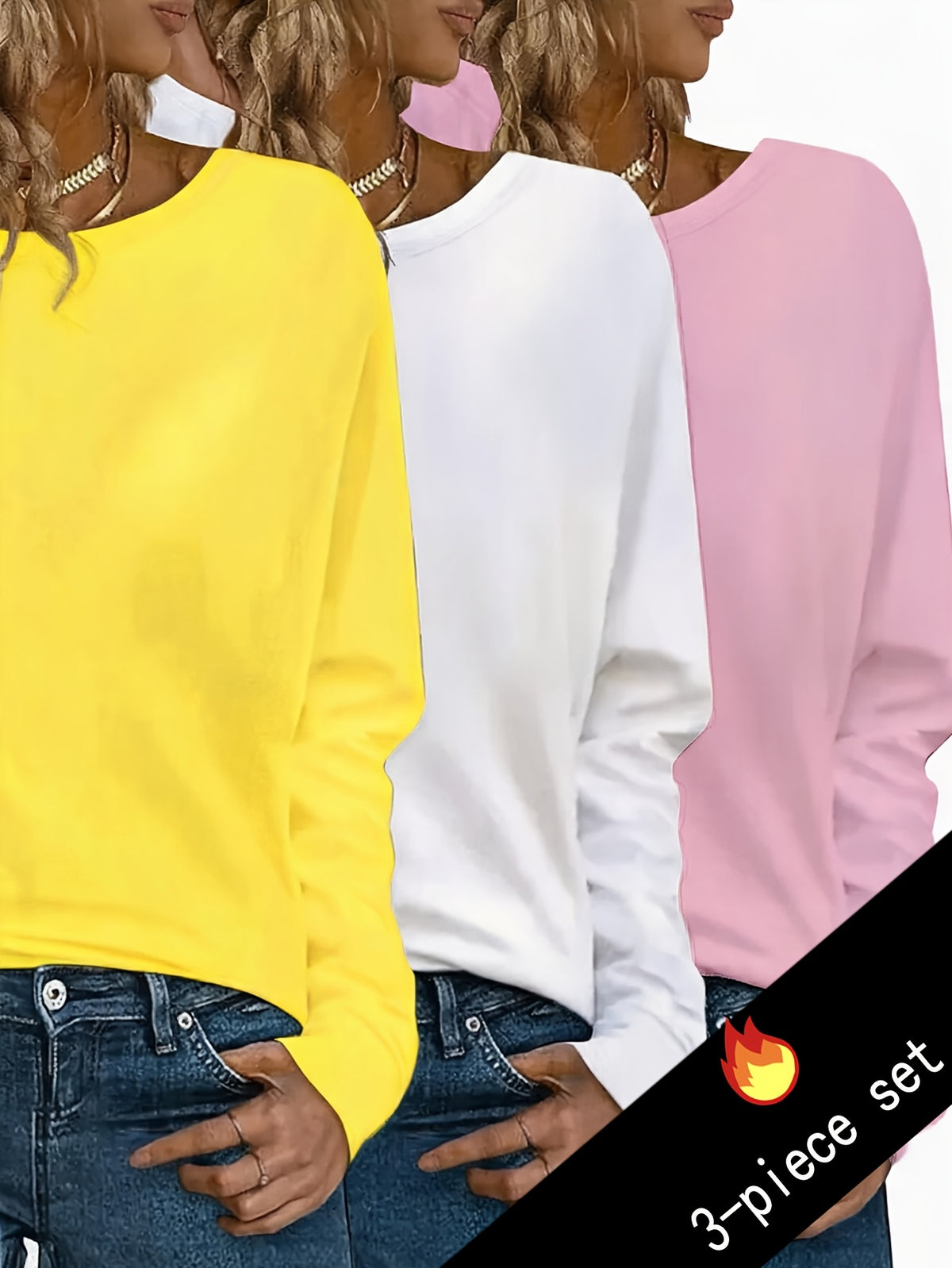 Y2K 3 Piece Long Sleeve T-Shirt Set for Women Solid Color Casual Warm Tops Regular Fit All Seasons Streetwear Layering Outfit S M L XL XXL