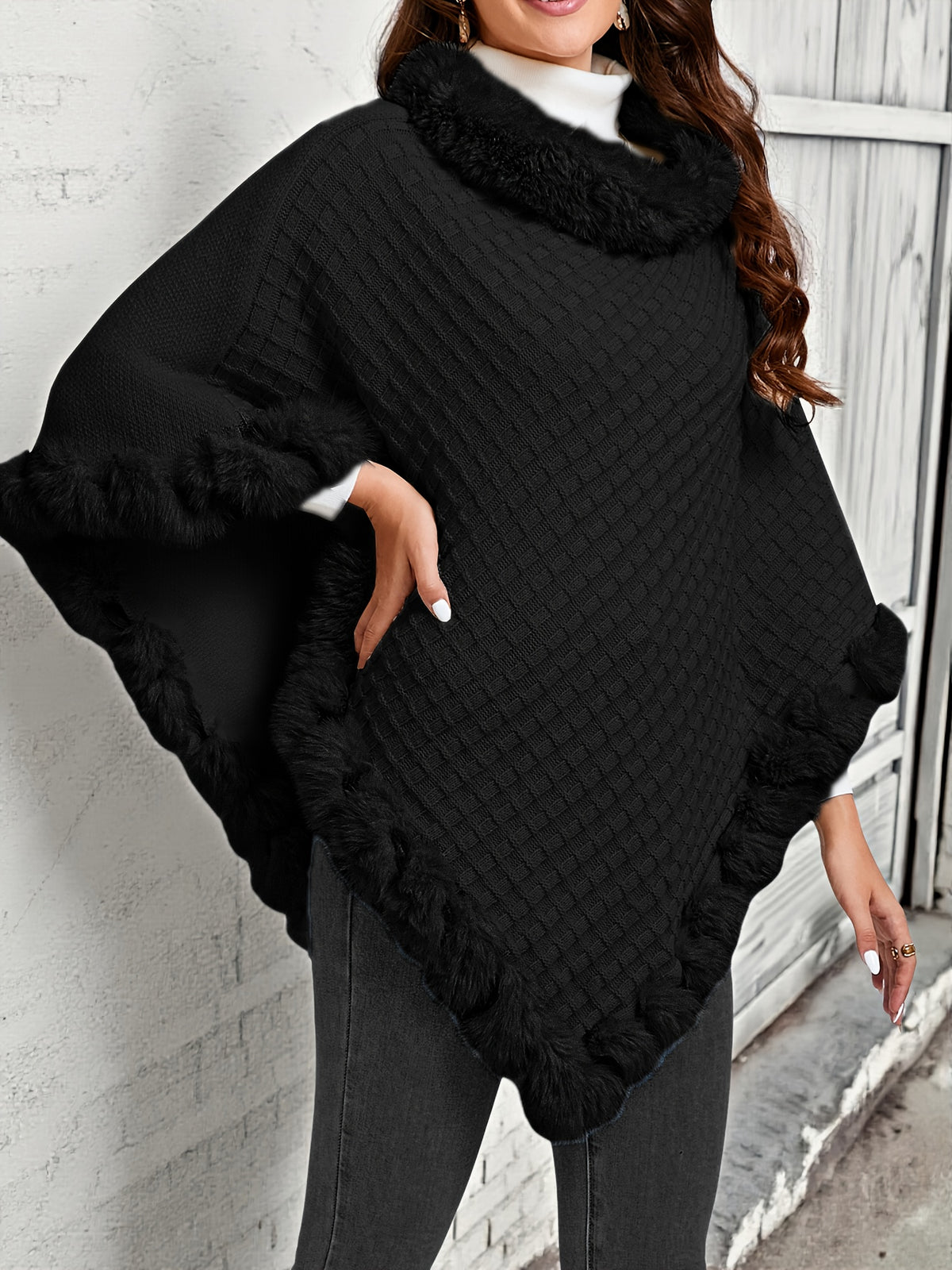 Women's Waffle Knit Shawl Poncho with Faux Fur Trim - Elegant Sleeveless High Neck Pullover, Solid Color Warm Cape Wrap for Fall Winter, 8 Colors One Size