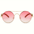 Round Metal Frame Gradient Sunglasses for Men & Women – Luxury Double Bridge, Leopard Detail Hinges, Gradient PC Lenses, Includes Case, Chic Vacation & Street Style Eyewear