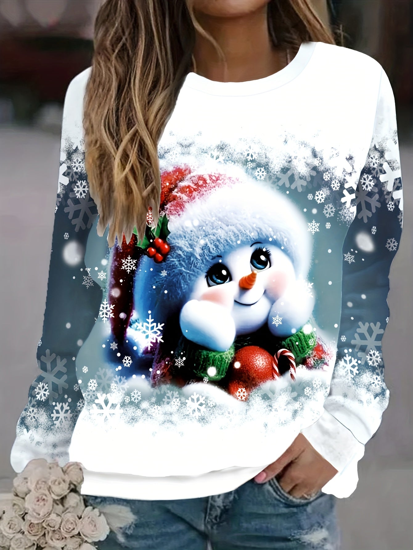 Christmas Print Crew Neck Long Sleeve Loose Pullover Sweatshirt Women Holiday Festive Casual Tops US Warehouse