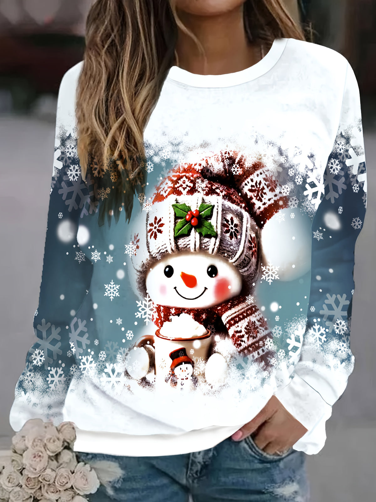 Christmas Print Crew Neck Long Sleeve Loose Pullover Sweatshirt Women Holiday Festive Casual Tops US Warehouse