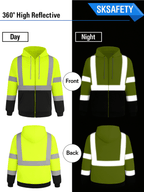 High Visibility ANSI Class 3 Type R Reflective Safety Hoodie Zip-Up Fleece Sweatshirt for Men Women Construction Workwear with Neck Gaiter Fluorescent Yellow
