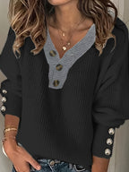 Women's V-Neck Button-Decorated Pullover Sweater – Casual Solid Color Knit Top for Fall Winter, Lightweight Polyester Stretch Pullover, Sizes S-XXL, White & Sea Blue