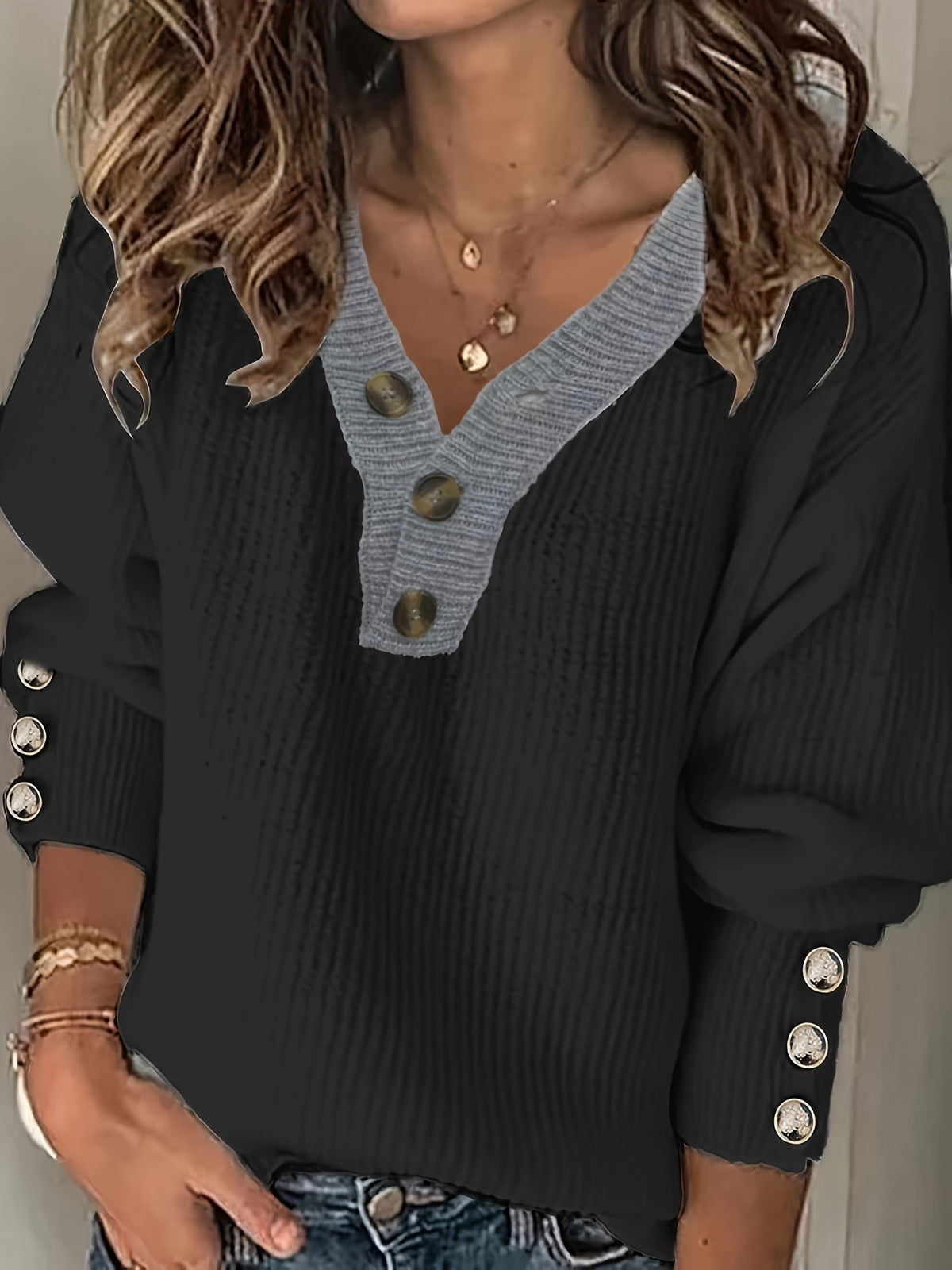 Women's V-Neck Button-Decorated Pullover Sweater – Casual Solid Color Knit Top for Fall Winter, Lightweight Polyester Stretch Pullover, Sizes S-XXL, White & Sea Blue