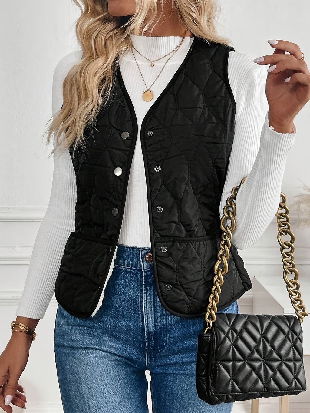Women's Thermal Lined Quilted Vest | V-Neck Sleeveless Puffer Vest Warm Layering Jacket for Fall Winter Outerwear