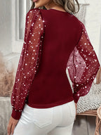Women's Elegant Sequin Lantern Sleeve Blouse Solid Color Mesh Lace Trim Round Neck Stretchy Top 95% Polyester Spring Summer Fall S-XXL