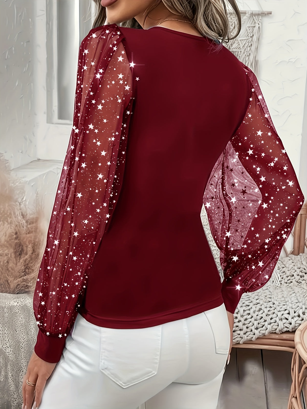 Women's Elegant Sequin Lantern Sleeve Blouse Solid Color Mesh Lace Trim Round Neck Stretchy Top 95% Polyester Spring Summer Fall S-XXL