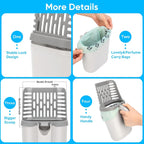 Cat Litter Scoop with Stand & Spare Bag – Large Capacity Spill-Proof Scooper, Seamless Construction, Sturdy Base, Easy Clean Waste Disposal for Multi-Cat Homes & Travel, Grey White