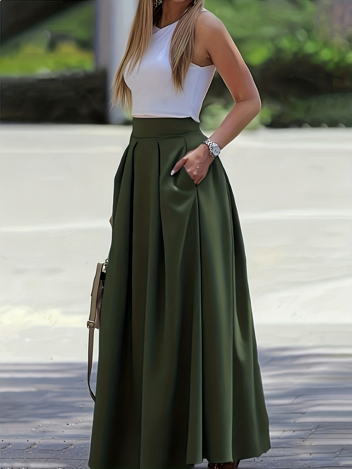 Women's High Waist A-Line Maxi Skirt Solid Color Flowy Elegant Long Skirt 97% Polyester Stretch Casual All-Season Skirt XS-XXL