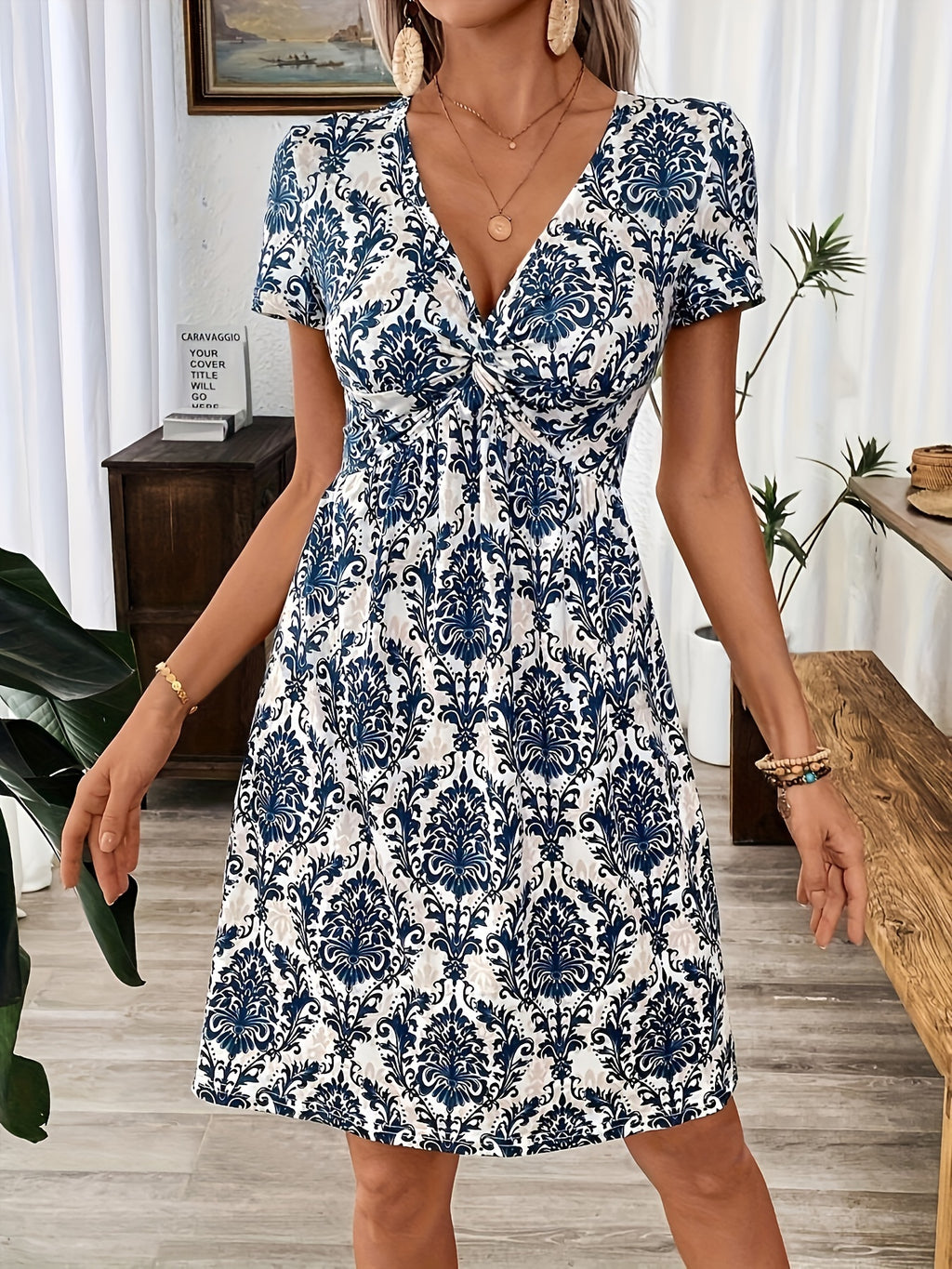 Women's Leopard Print V-Neck Fit & Flare Twist Dress - Knit Polyester Stretch Midi Dress Blue S M L XL XXL Casual Party Date Night Fashion