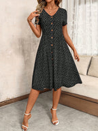 Women's V-Neck Button Waist-Cinching A-Line Swing Dress Flowy Print Elegant Tea Party Valentine's Day Spring Summer Casual Dress Black Red S-XXL