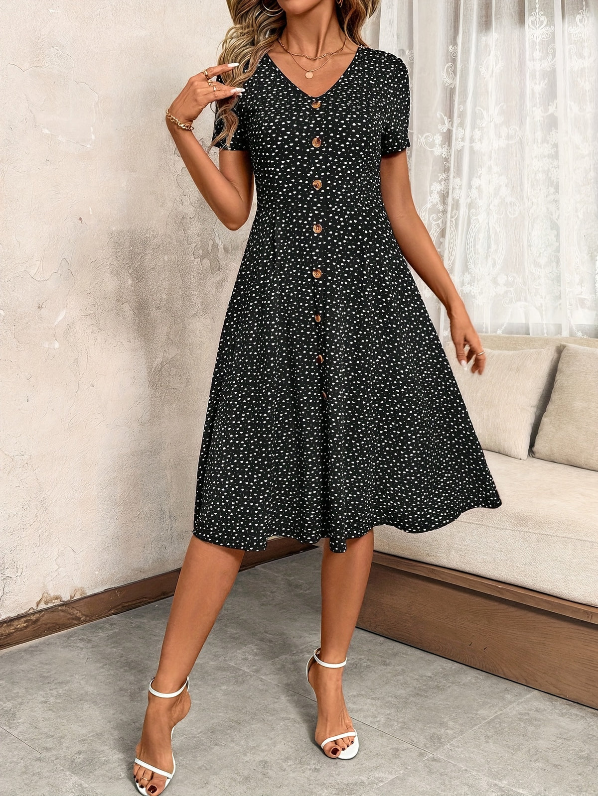 Women's V-Neck Button Waist-Cinching A-Line Swing Dress Flowy Print Elegant Tea Party Valentine's Day Spring Summer Casual Dress Black Red S-XXL