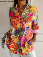 Women's Floral Print Button Down Shirt Long Sleeve - Colorful Flower Pattern V-Neck Casual Blouse with Pockets, Loose Fit Spring Summer Top, Boho Vacation Shirt S-XXL