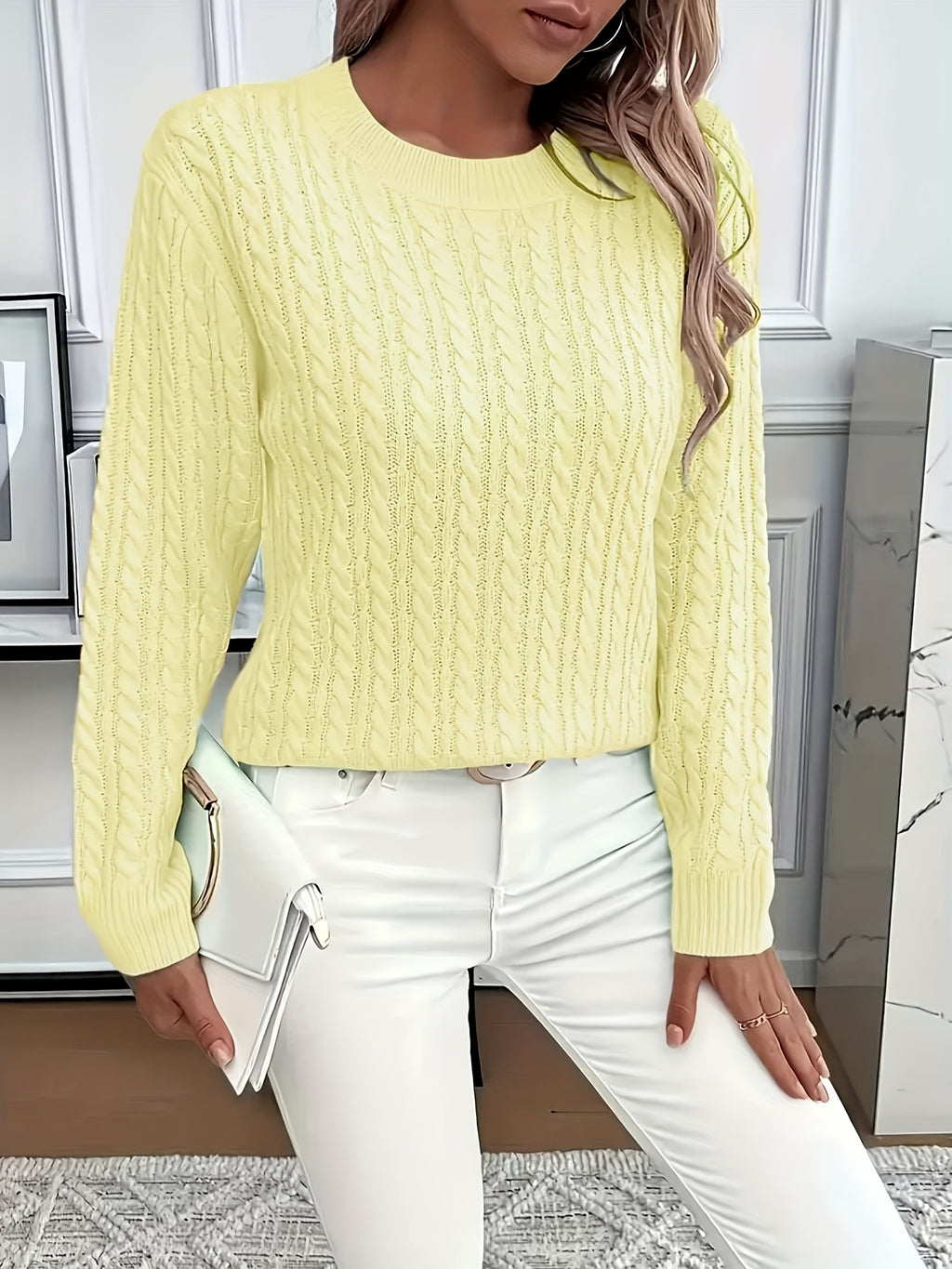 Women's Round Neck Pullover Sweater – Soft Solid Color Knit Top for Casual & Formal Wear, All-Season Layering Essential, Sky Blue, Sizes XS-XXL