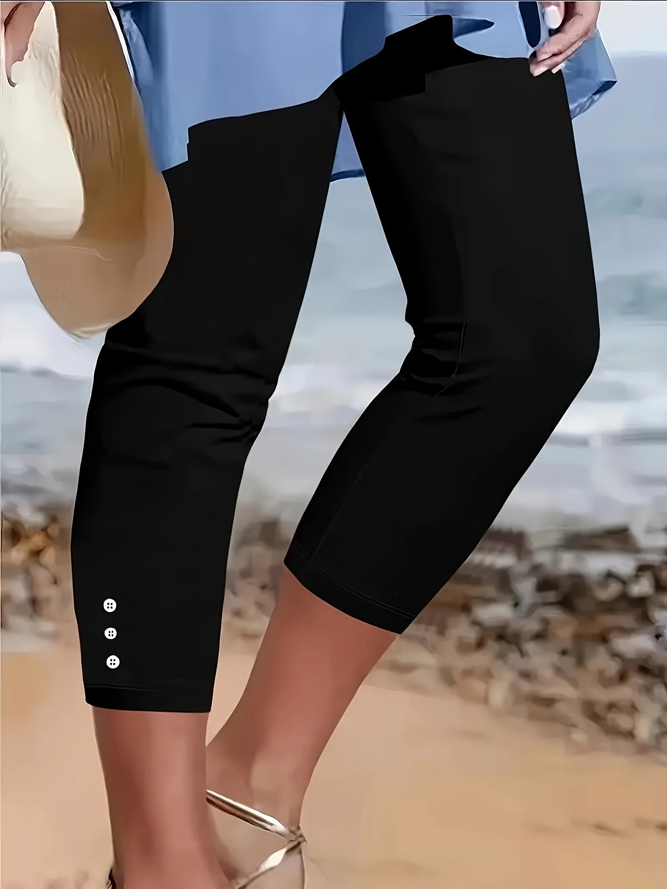 Women's Capri Pants Solid Color Stretchy Button-Front Elastic Waist Three-Quarter Length Trousers Casual Dressy Spring Summer Machine Washable S M L XL XXL