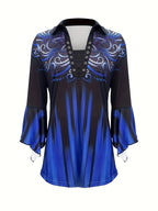 Women's Printed Lapel Collar Top Irregular Sleeve T-Shirt Stretch Knit Casual Autumn Spring Fashion Blouse Regular Fit S M L XL XXL