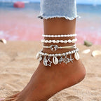 4 Pcs Ocean Anklet Set – 925 Silver Plated Pearl Shell Starfish Pendant Anklets for Women, Boho Beach Vacation & Party Jewelry, Layered Ankle Bracelet Gift Set