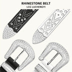 Studded Rhinestone Belt for Men & Women – Bling Y2K Western Cowboy Cowgirl Faux Leather Belt with Gold Metal Buckle, Punk Style, Sizes 28–44
