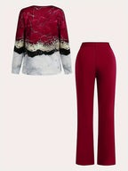 Women's All-Over Print Two-Piece Set | V-Neck Long Sleeve Top & Wide Leg Pants Matching Outfit Stretchy Knit Casual Loungewear Co-ord