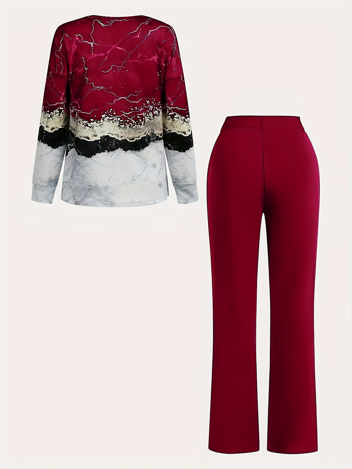 Women's All-Over Print Two-Piece Set | V-Neck Long Sleeve Top & Wide Leg Pants Matching Outfit Stretchy Knit Casual Loungewear Co-ord