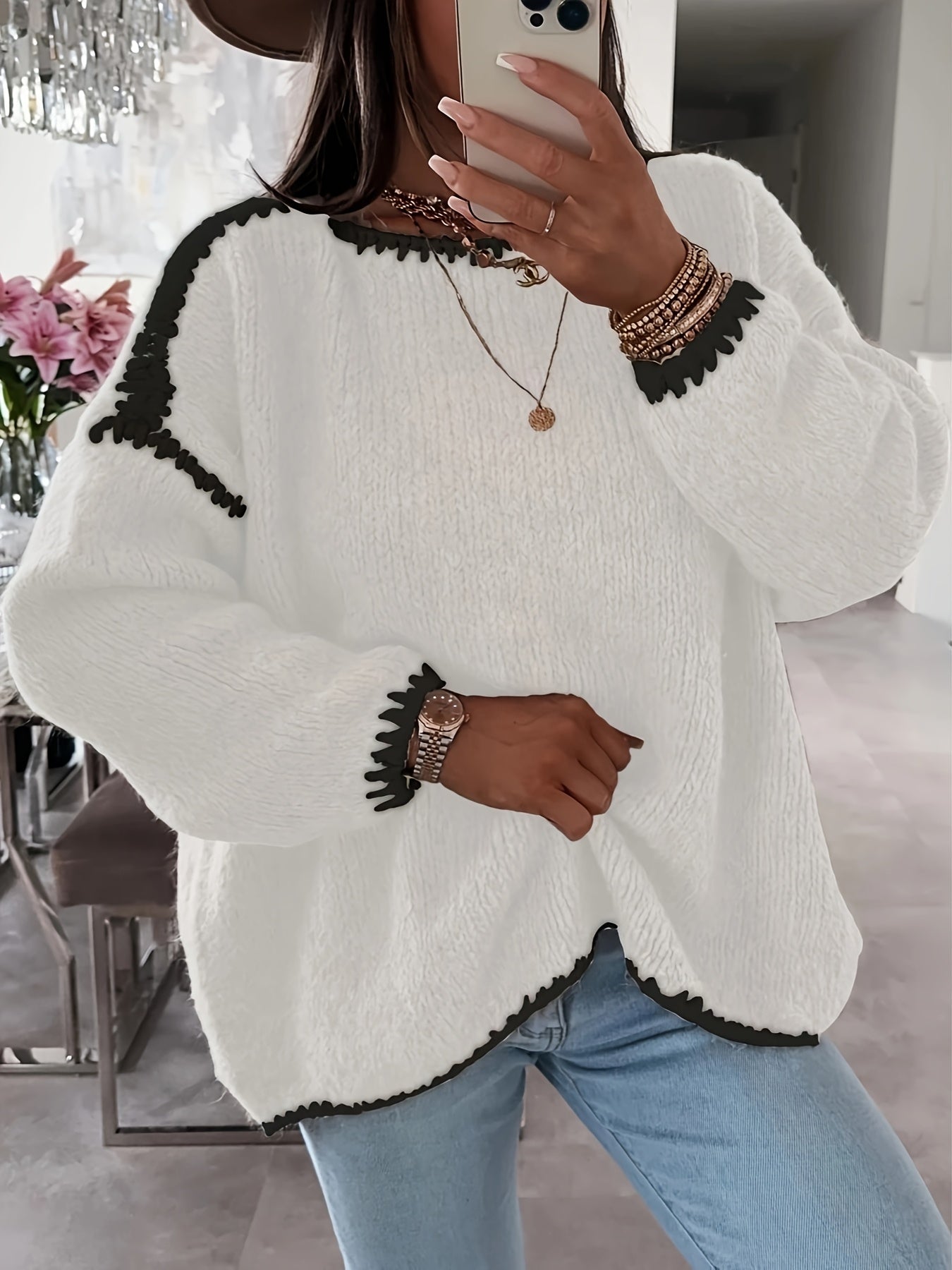Women's Boat Neck Color Block Pullover Sweater - Casual Long Sleeve Loose Contrast Knit Top for Fall Winter, Off Shoulder Style, 7 Colors, Sizes S-XXL, Soft Polyester Cozy Everyday Sweater