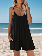 Women's Sleeveless Floral Jumpsuit Wide Leg Loose Romper with Pockets Spaghetti Strap Casual Summer One Piece Outfit for Beach Vacation Party S-XXL