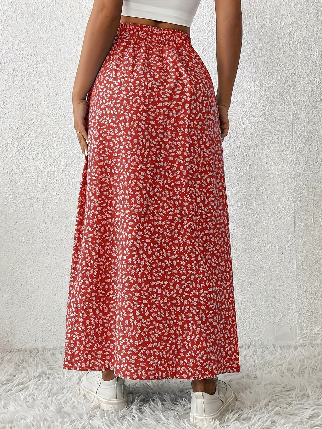 Women's Floral Maxi Skirt - Flowy Long Skirt with Side Slit, Red Ditsy Print, 95% Polyester Stretchy Fabric, Elegant Casual Dress Skirt for Spring Summer Fall