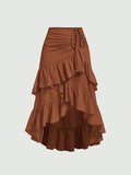 Women's Asymmetrical Pleated Hem Multi-Layer Midi Skirt – Flowy Chiffon-Style 100% Polyester Spring Fall Fashion Tiered Ruffle Swing Skirt