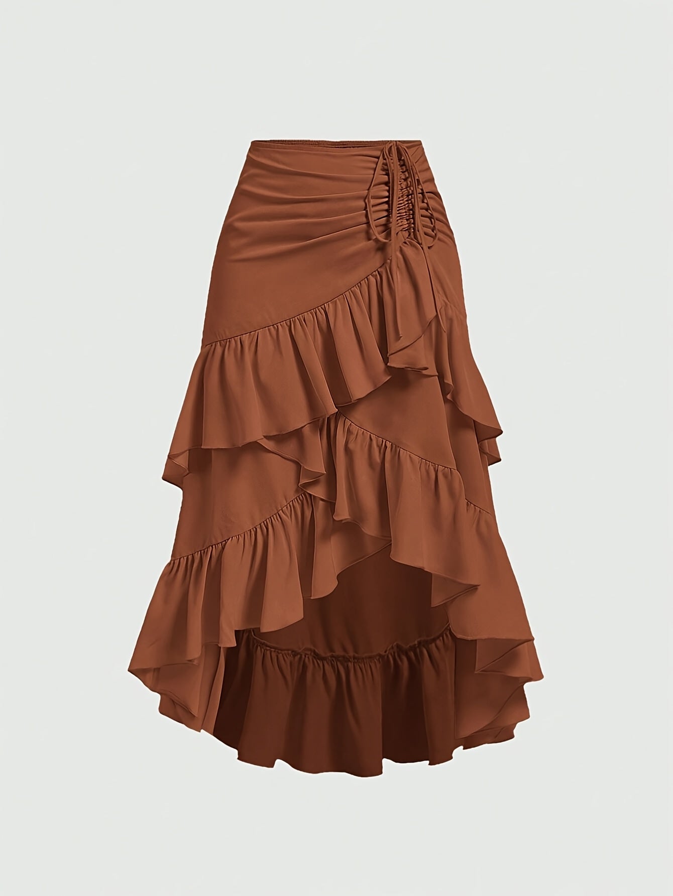 Women's Asymmetrical Pleated Hem Multi-Layer Midi Skirt – Flowy Chiffon-Style 100% Polyester Spring Fall Fashion Tiered Ruffle Swing Skirt