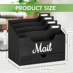 Large Solid Wood Desktop Mail Organizer with Drawer and 4 Compartments Labelable Dividers for Files Letters Paper Folders Desk Organizer for Home Office Students and Professionals